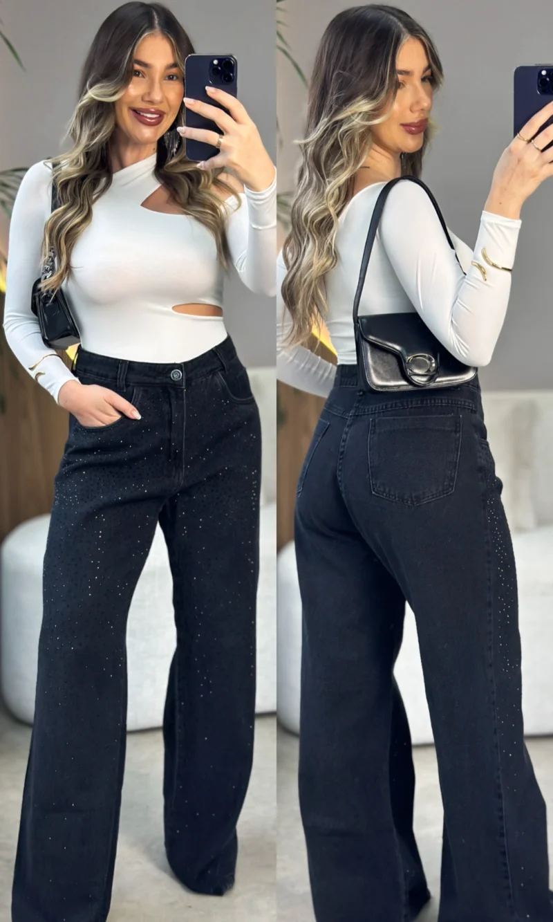 calça wide leg pedraria